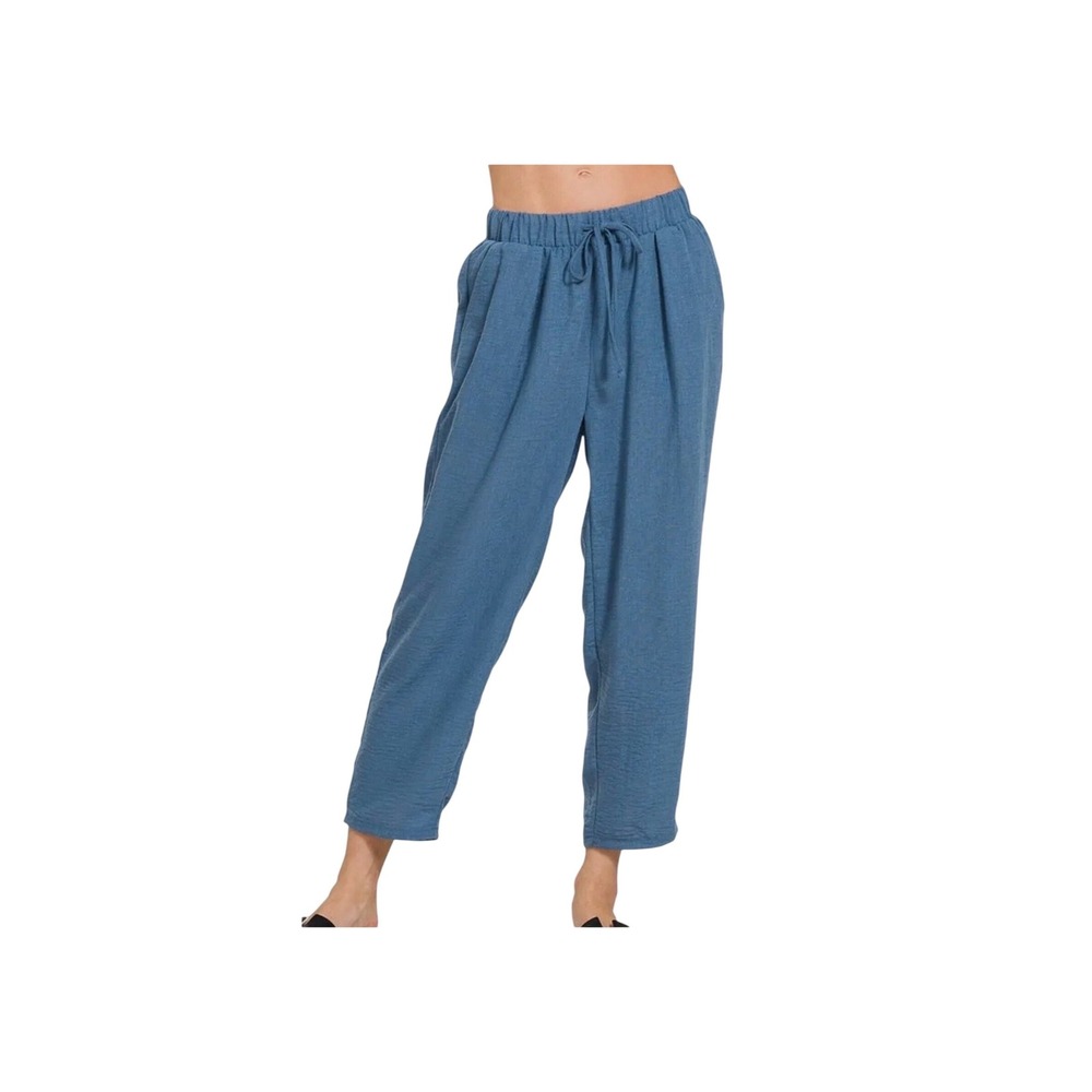 Zenana Blue Textured Drawstring Elastic Waist Tapered Pants‎ Small